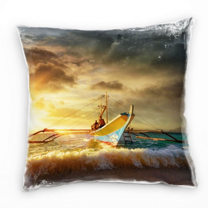 Strand und Meer, Boot, türkis, orange, Sonne Deko Kissen 40x40cm für Couch Sofa Lounge Zierkissen