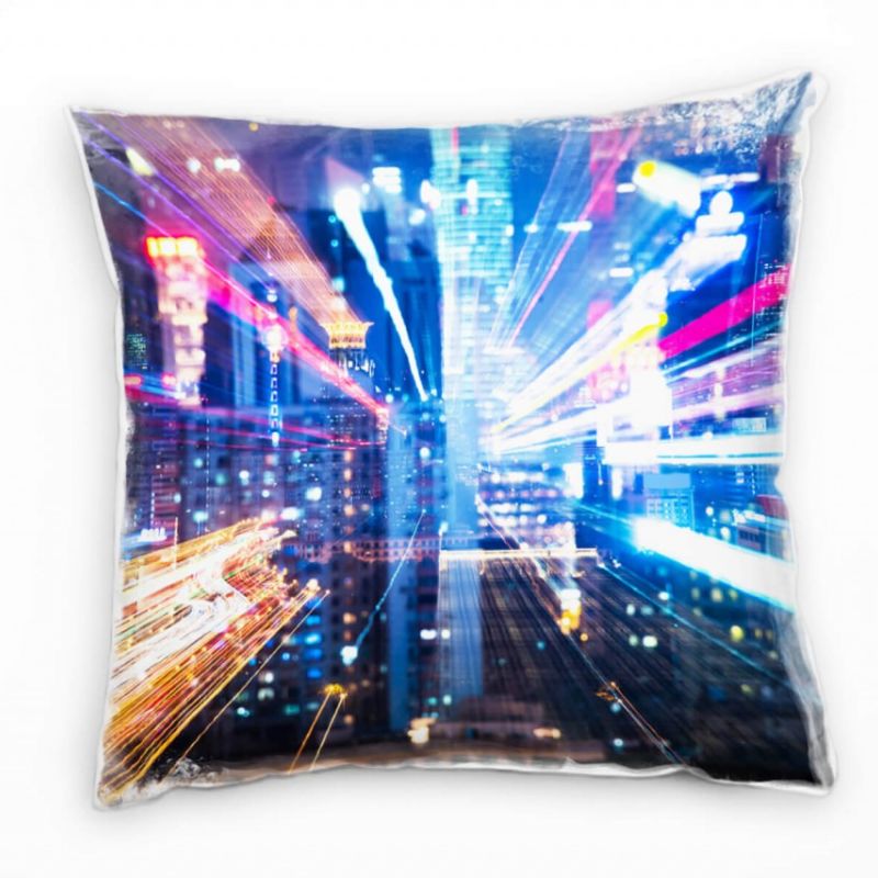 City, Lichtlinien, Hochhäuser, Nacht, blau, pink, gelb Deko Kissen 40x40cm für Couch Sofa Lounge Zie