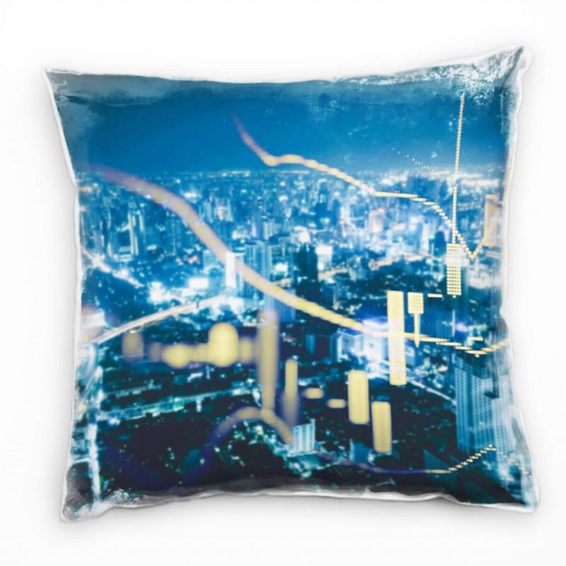 City, Lichtlinien, Hochhäuser, Nacht, gelb, blau Deko Kissen 40x40cm für Couch Sofa Lounge Zierkisse