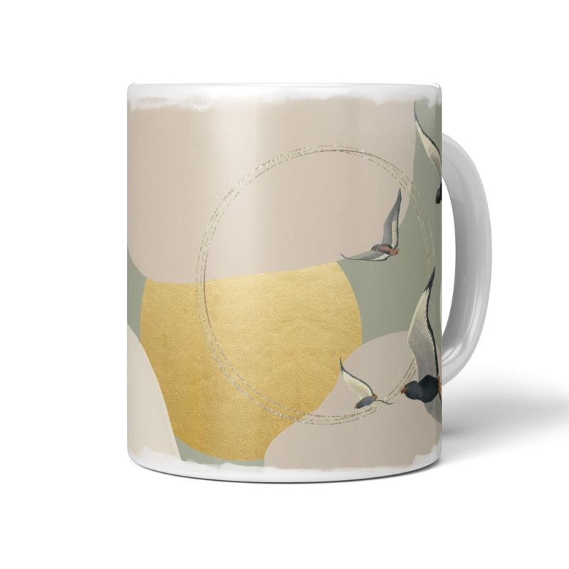 Dekorative Tasse mit schönem Vogel Motiv Fliegen goldene Sonne Pastelltöne einzigartiges Design