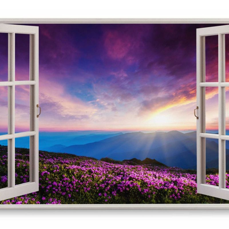 Wandbild 120x80cm Fensterbild Alpen Blumen Bergblumen Sonnenuntergang Blau