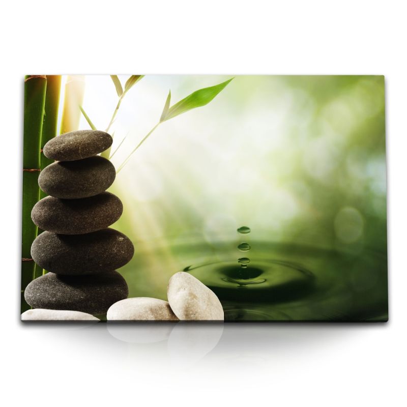 120x80cm Wandbild auf Leinwand Asien runde Steine Bambus Wasser Meditationsbild