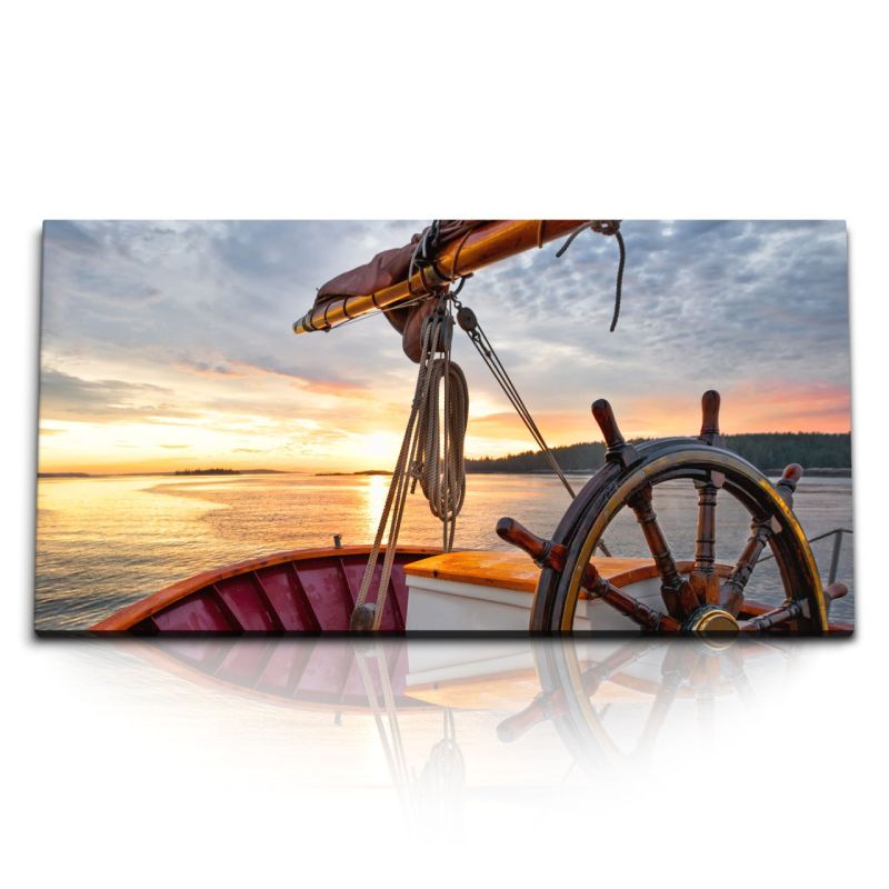 Kunstdruck Bilder 120x60cm Segelschiff Sonnenuntergang Abendrot Meer Segeln