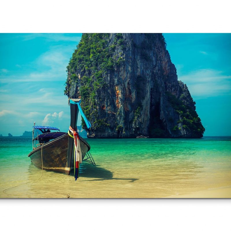 120x80cm Wandbild Thailand Felsen Meer Strand Fischerboot