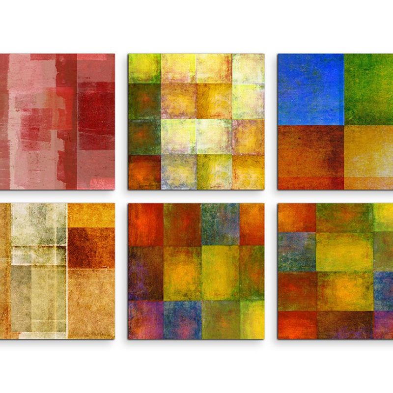 6 teiliges Leinwandbild je 30x30cm –  Abstrakt Mehrfarbig Quadrate Muster