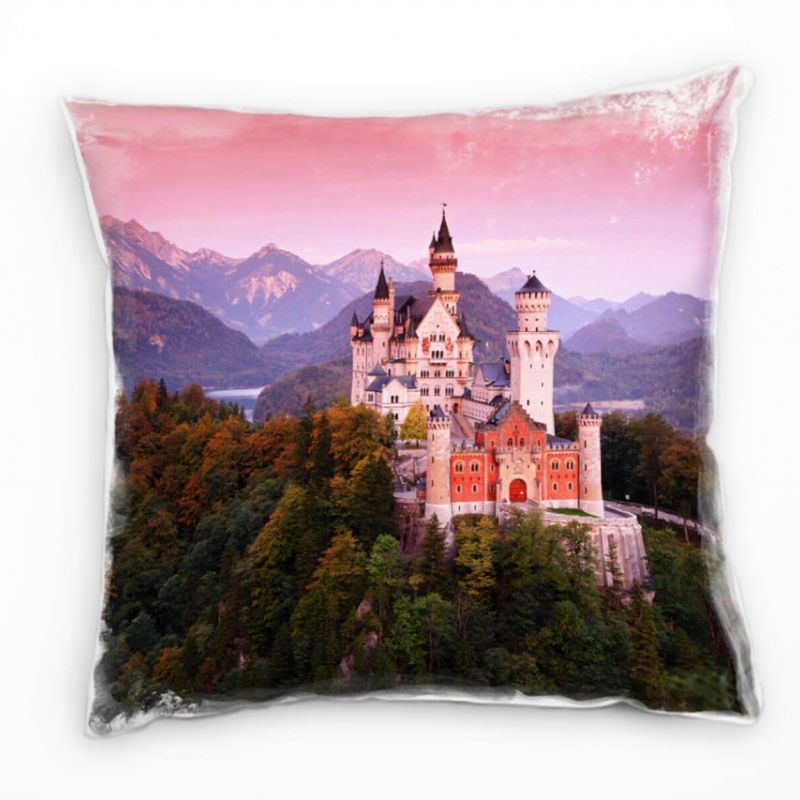 Urban, Schloss Neuschwanstein, Abend, rot Deko Kissen 40x40cm für Couch Sofa Lounge Zierkissen