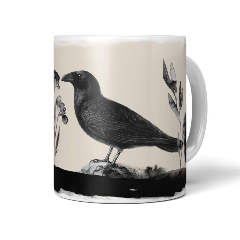 Dekorative Tasse mit schönem Vogel Motiv Rabe Schwarz Vollmond Mond Dunkel Wasserfarben