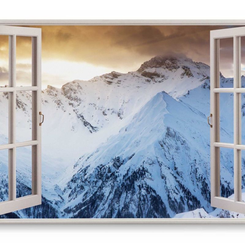 Wandbild 120x80cm Fensterbild Schneegipfel Berge Bergkette Schnee Sonnenuntergang