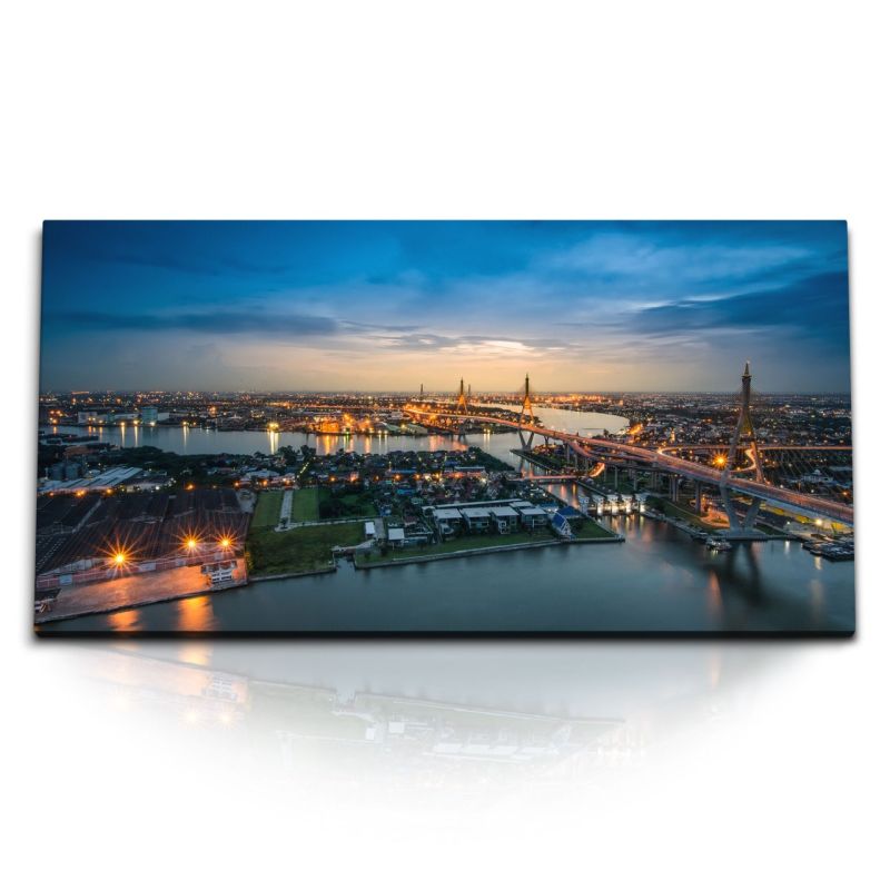 Kunstdruck Bilder 120x60cm Bhumibol Bridge Bangkok bei Nacht Thailand Horizont