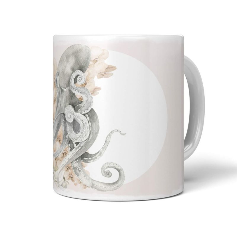 Dekorative Tasse mit schönem Motiv Oktopus Blumen Pastellton Beige Kunstvoll Wunderschön