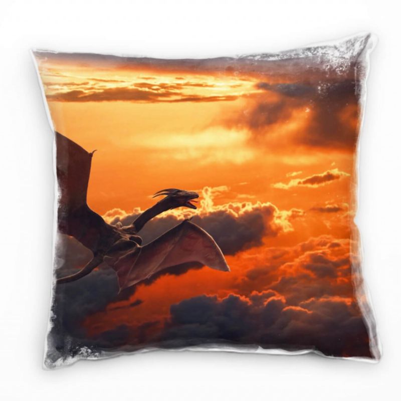 Illustration, orange, Drache im Sonnenuntergang Deko Kissen 40x40cm für Couch Sofa Lounge Zierkissen