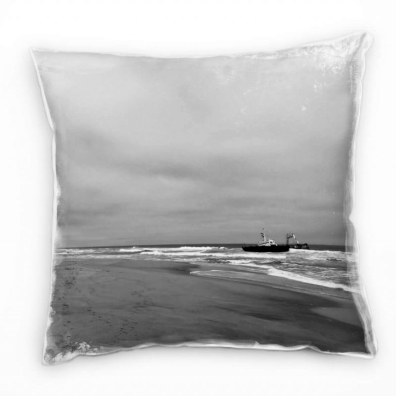 Strand und Meer, schwarz, weiß, Schiffsfrack Deko Kissen 40x40cm für Couch Sofa Lounge Zierkissen