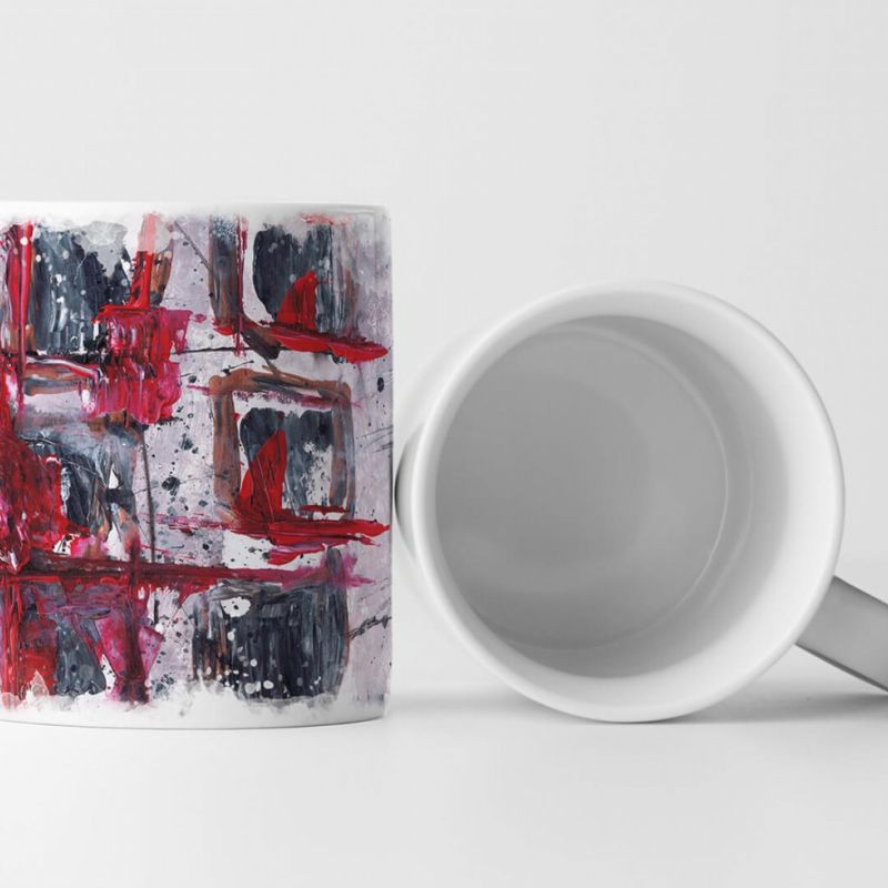 Tasse Geschenk dunkelstahlblaue Abstraktion,rote Umrandung,hellgrauer Hintergrund