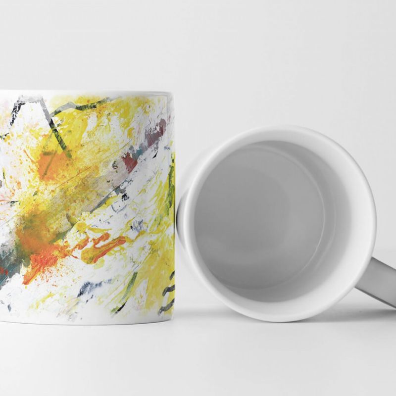 Tasse Geschenk weißer Hintergrund; graue, gelbe-orangenen Abstraktion/ Farbspritzer