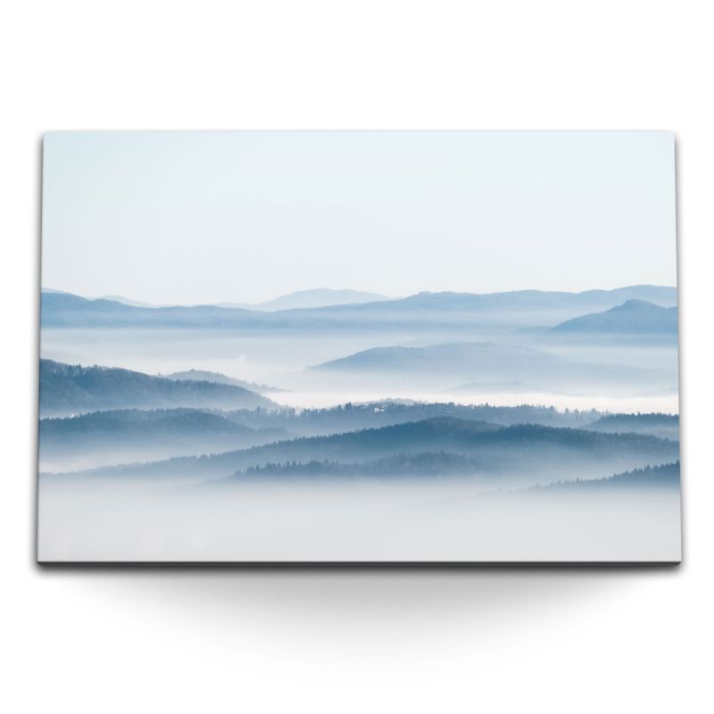 120x80cm Wandbild auf Leinwand Blaue Berge Hellblau Berglandschaft Nebel