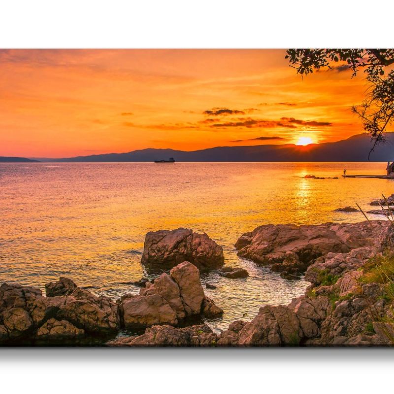 Leinwandbild 120x60cm Sonnenuntergang Abendröte Meer Natur Berge Felsen