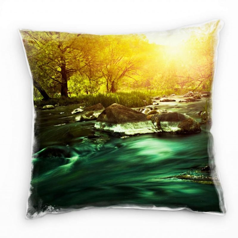 Natur, grün, blau, orange, Fluss, Wald Deko Kissen 40x40cm für Couch Sofa Lounge Zierkissen