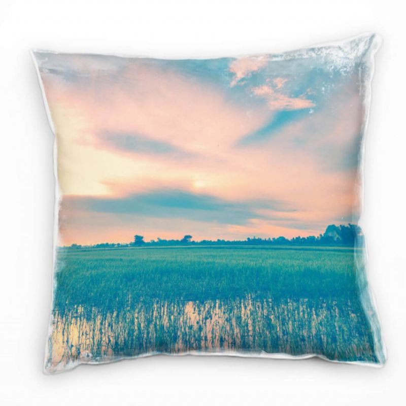 Landschaft, Reisfeld, Sonnenuntergang, orange, grün Deko Kissen 40x40cm für Couch Sofa Lounge Zierki