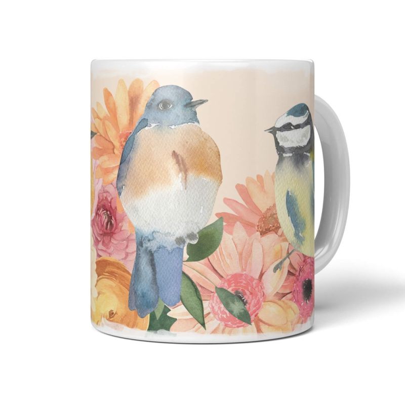 Dekorative Tasse mit schönem Vogel Motiv Blaumeisen Blumen Blüten Farbenfroh Wasserfarben