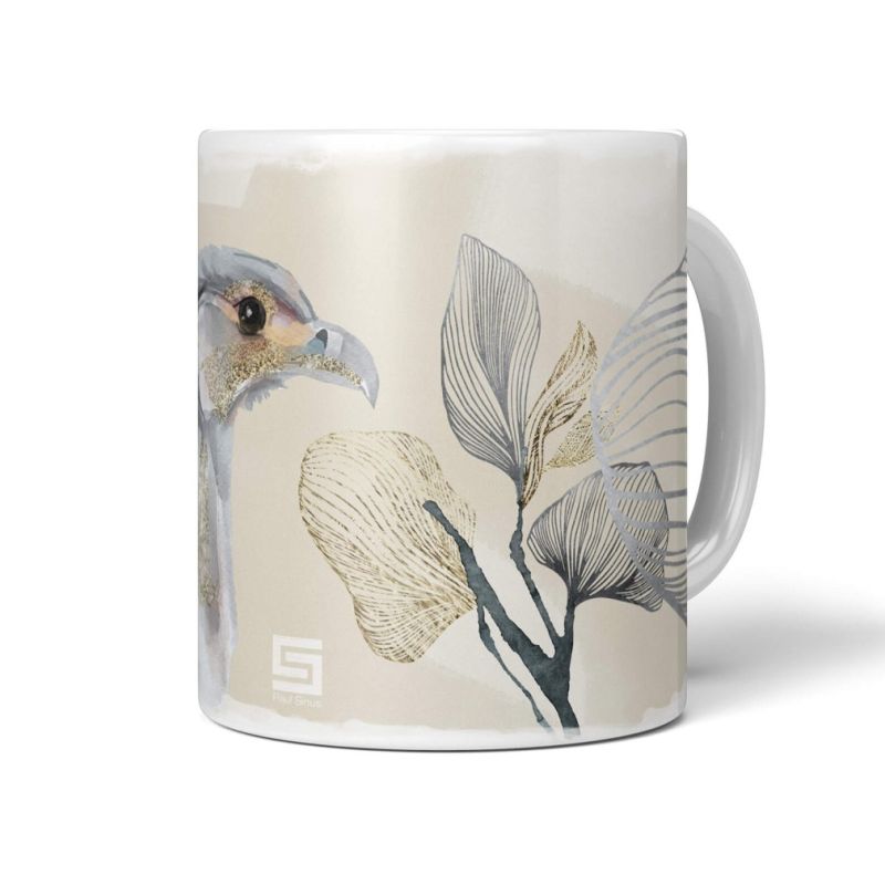 Dekorative Tasse mit schönem Vogel Motiv Kranich schönem Design Grautöne Kunstvoll Einzigartig