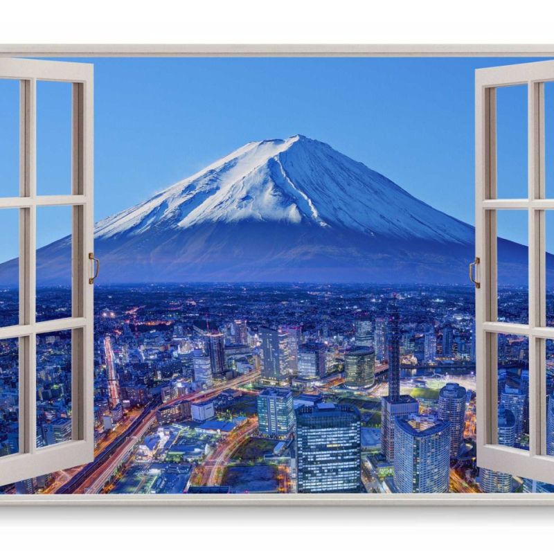 Wandbild 120x80cm Fensterbild Vulkan Fuji Japan Blau Großstadt Schneegipfel