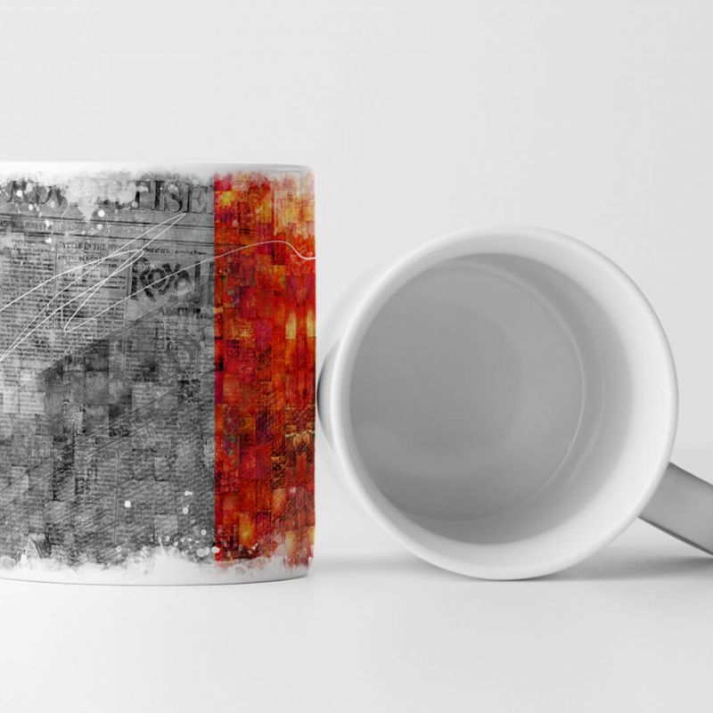 Tasse Geschenk graue Zeitung als Hintergrund; orange-roter Streifen