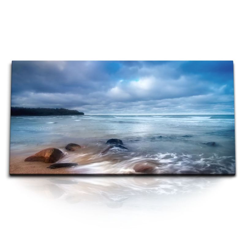 Kunstdruck Bilder 120x60cm Strand Meer Horizont Wolken Küste Wellen