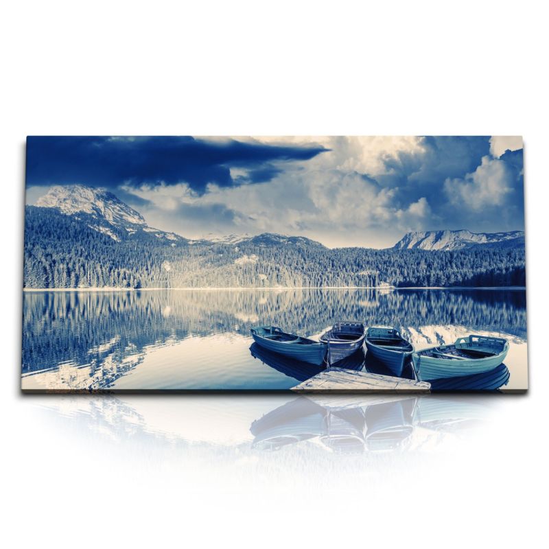 Kunstdruck Bilder 120x60cm Crno Jezero Montenegro Gletschersee Berge Boote Wolken