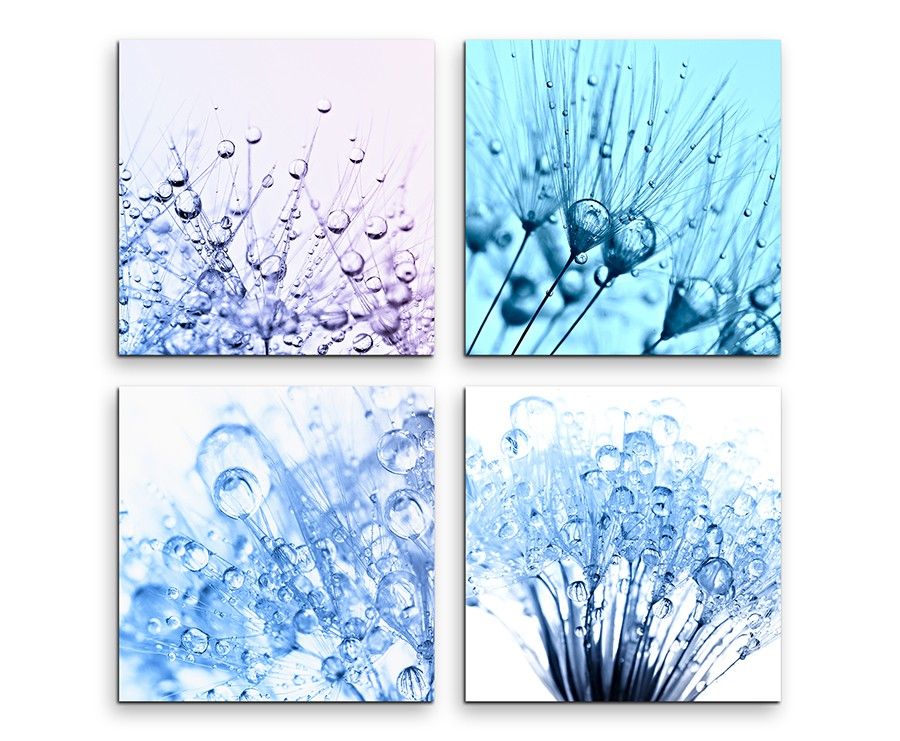 4 teiliges Leinwandbild je 30x30cm  –  Pusteblume Wassertropfen Makroaufnahme