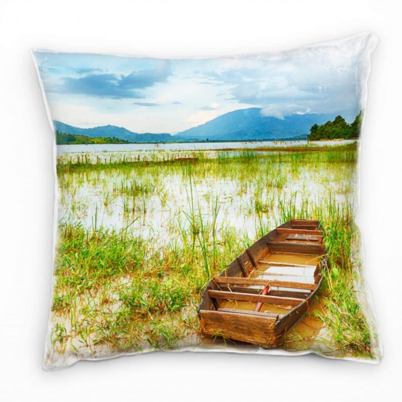 Landschaft, blau, grün, braun, Boot am Strand Deko Kissen 40x40cm für Couch Sofa Lounge Zierkissen