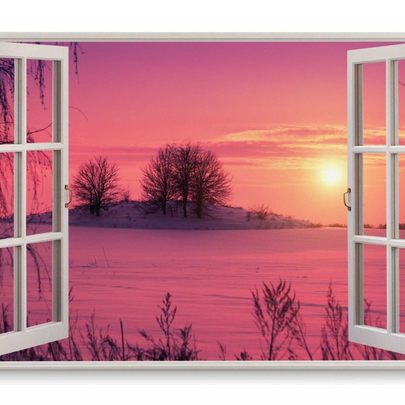 Wandbild 120x80cm Fensterbild Winterlandschaft Abendrot Sonnenuntergang Schnee