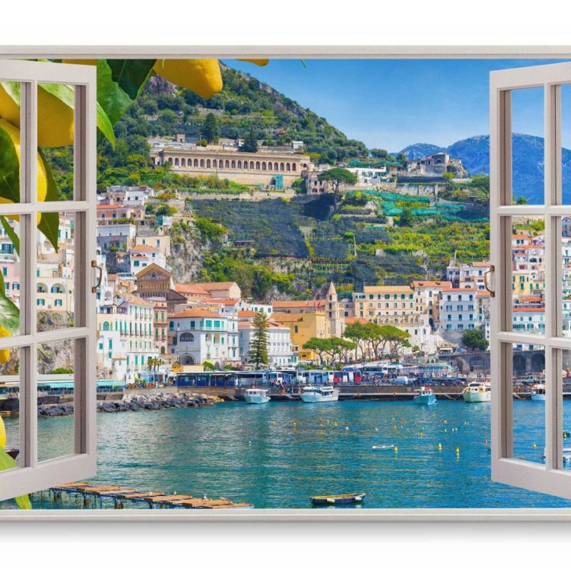 Wandbild 120x80cm Fensterbild Campania Italien Meer Berge Küste Sommer Sonnenschein