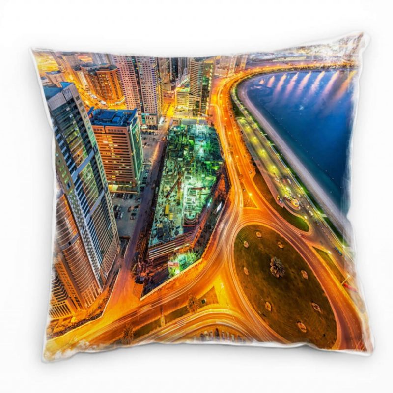 City, blau, orange, Hochhäuser, Nacht, Lichtlinien Deko Kissen 40x40cm für Couch Sofa Lounge Zierkis