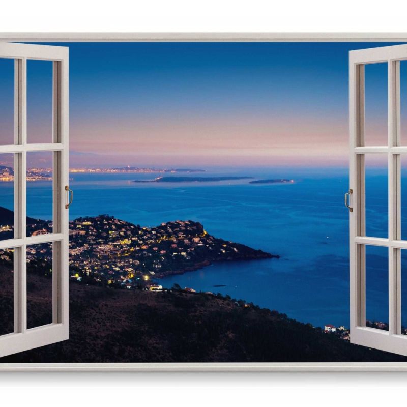 Wandbild 120x80cm Fensterbild Küste Küstenstadt Meer Abenddämmerung Horizont