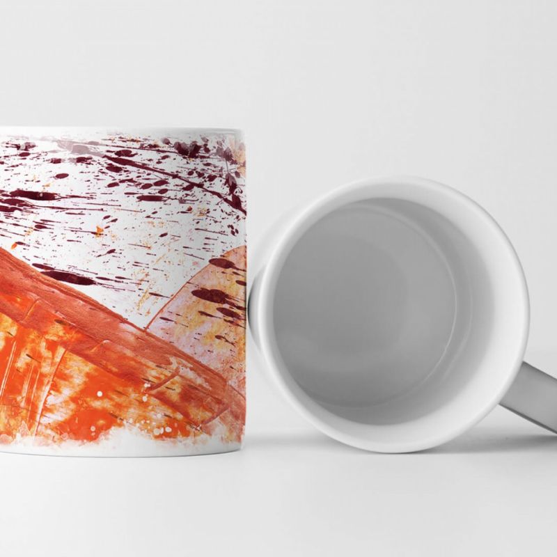 Tasse Geschenk weißer Hintergrund, orangene Abstraktionen, dunkelrote Farbspritzer