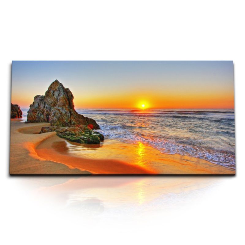 Kunstdruck Bilder 120x60cm Sonnenuntergang Meer Strand Fels Horizont Rot