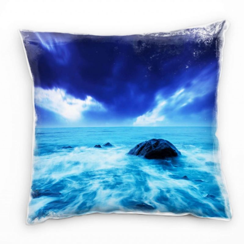 Meer, türkis, blau, dunkler Himmel, Wellen, Fels Deko Kissen 40x40cm für Couch Sofa Lounge Zierkisse