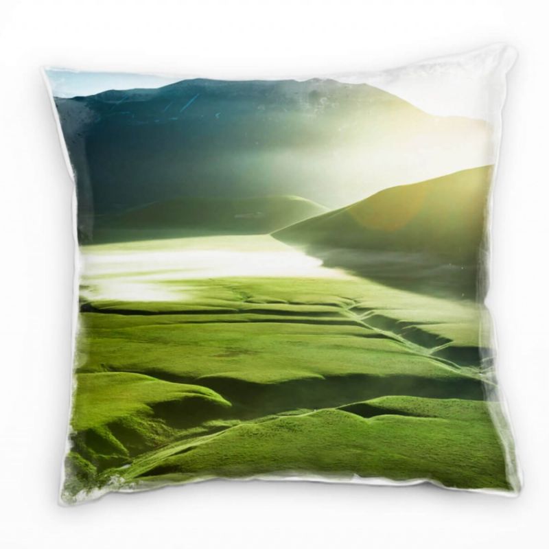 Landschaft, Hügel, Sonnenschein, grün, gelb, blau Deko Kissen 40x40cm für Couch Sofa Lounge Zierkiss