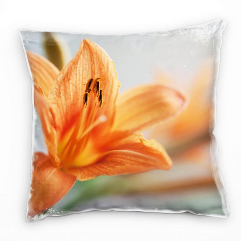 Blumen, Blüte, orange, grün, grau Deko Kissen 40x40cm für Couch Sofa Lounge Zierkissen