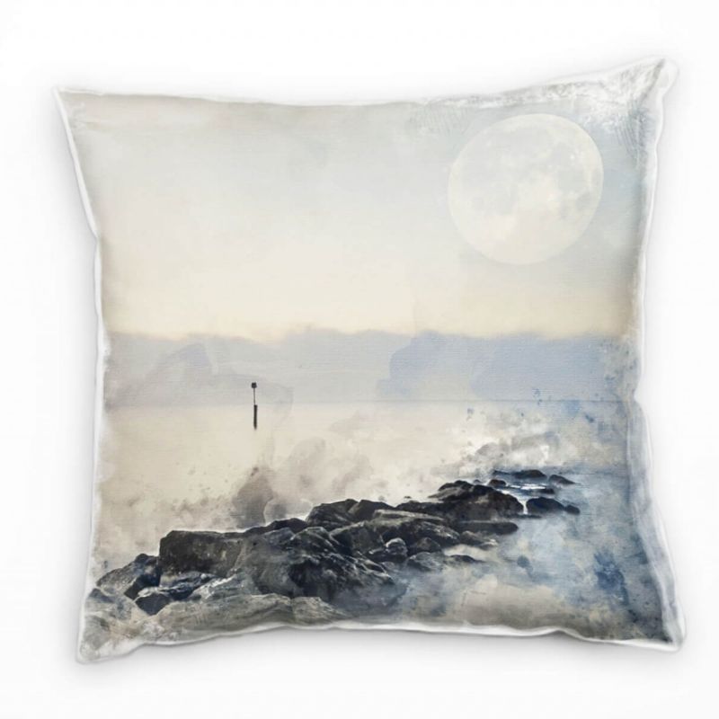 Meer, Mond, Felsen, gemalt, blau, grau Deko Kissen 40x40cm für Couch Sofa Lounge Zierkissen