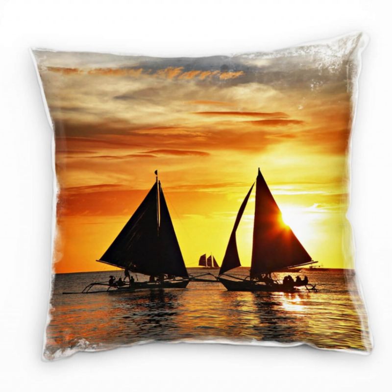 Meer, orange, schwarz, Segelschiffe, Sonnenuntergang Deko Kissen 40x40cm für Couch Sofa Lounge Zierk