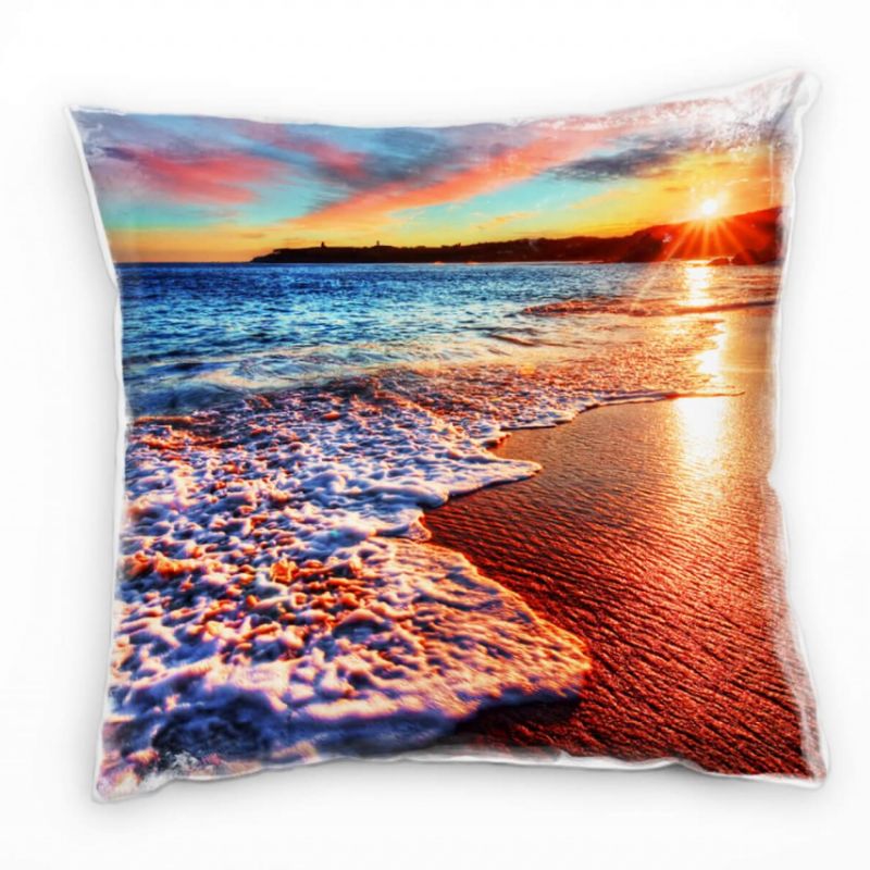 Strand und Meer, Sonnenuntergang, blau, rot Deko Kissen 40x40cm für Couch Sofa Lounge Zierkissen