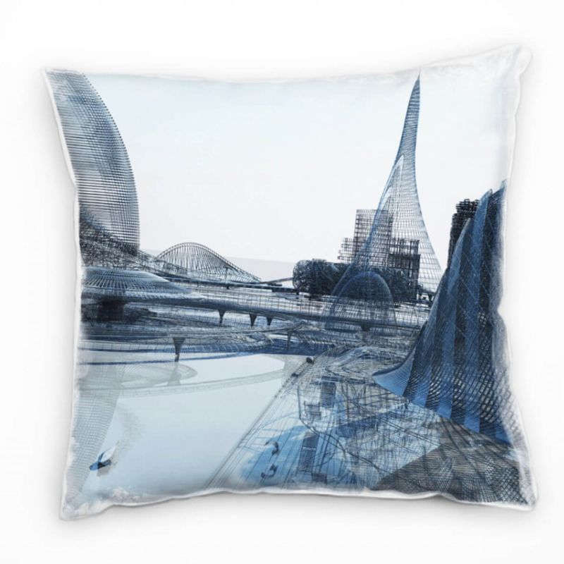 Illustration, futuristische Stadt, grau, blau Deko Kissen 40x40cm für Couch Sofa Lounge Zierkissen