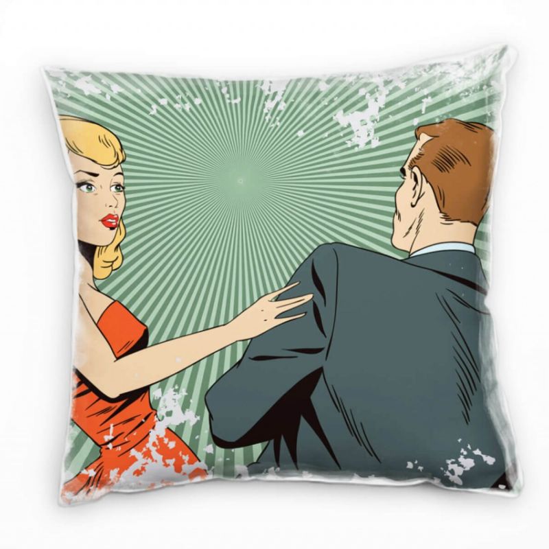 Illustration, Retro, Frau und Mann, rot, grün, grau Deko Kissen 40x40cm für Couch Sofa Lounge Zierki