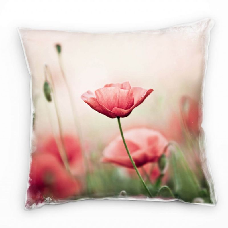 Blumen, grün, rot, Klatschmohn, Pastellfarben Deko Kissen 40x40cm für Couch Sofa Lounge Zierkissen