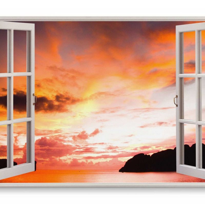 Wandbild 120x80cm Fensterbild Meer roter Himmel Abendrot Horizont Berge