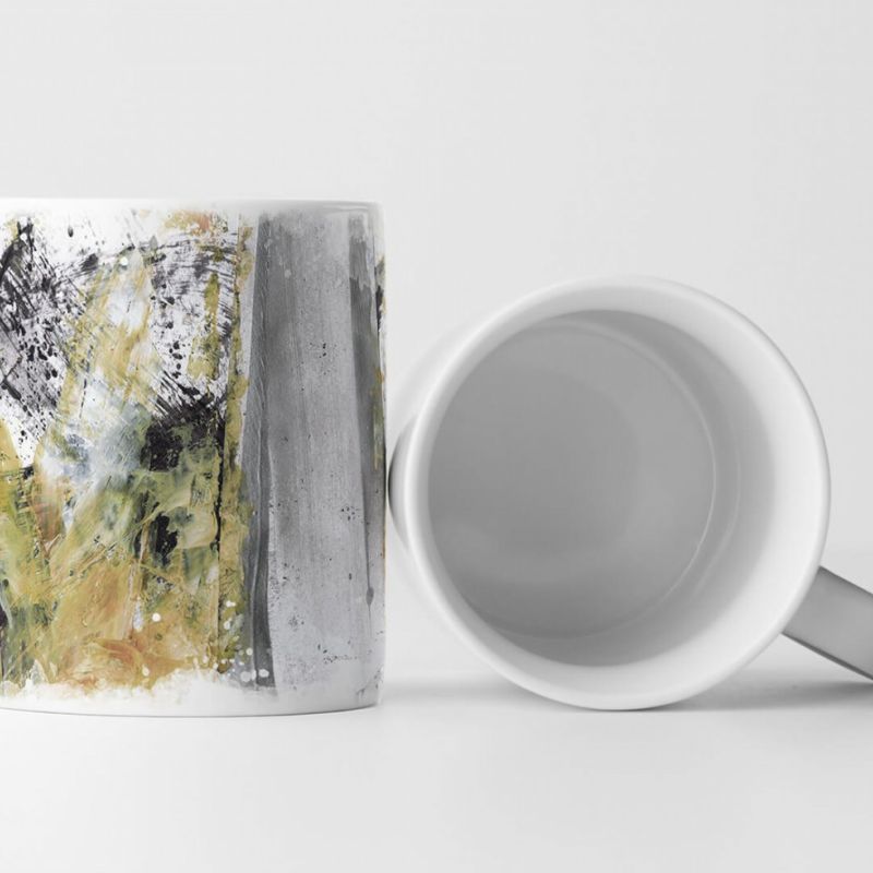 Tasse Geschenk hellgrau, sandbraune Abstraktion; kadettenblaue Elemente