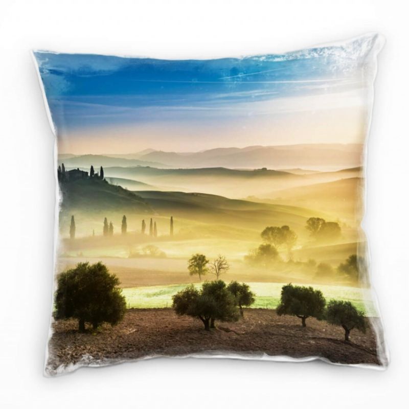 Landschaft, Morgendämmerung, Dunst, gelb, blau Deko Kissen 40x40cm für Couch Sofa Lounge Zierkissen