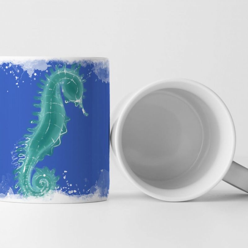 Tasse Geschenk Tierfotografie – Grünes Seepferdchen auf blauem Hintergrund