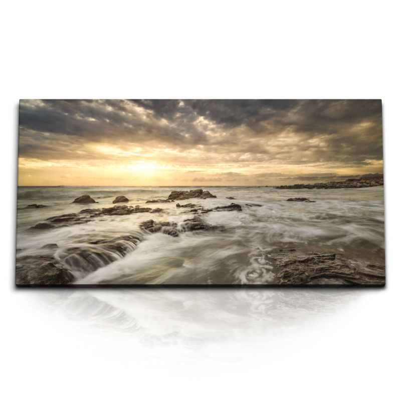 Kunstdruck Bilder 120x60cm Island Vulkangestein Meer Strand Sonnenuntergang